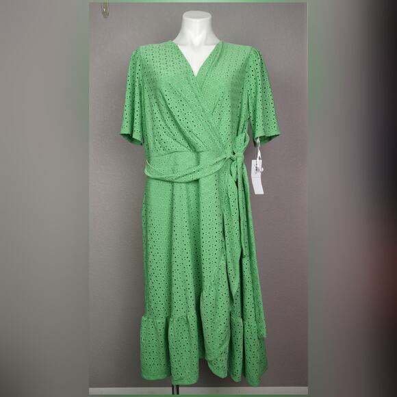 London Times Green Eyelet Ruffle Faux Wrap Midi Dress Size 14W - Picture 2 of 13